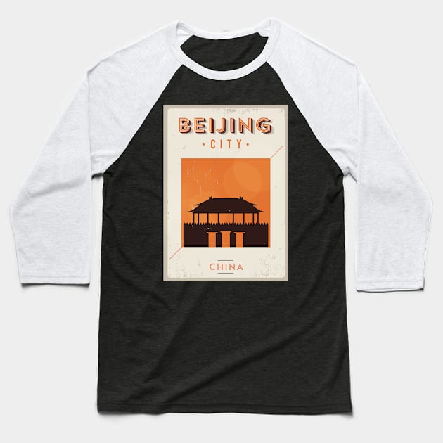 Beijing Poster Design Baseball T-Shirt by kursatunsal